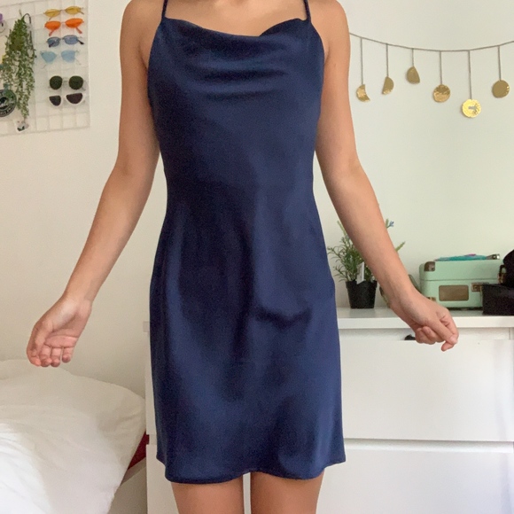 Mallory Cowl Neck Satin Navy Blue Slip Dress - Picture 4 of 4